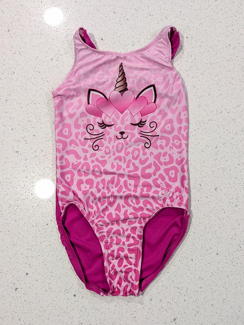 UNICORN GK ELITE Gymnastics Dance Leotard MEDIUM Neon PINK Leopard CATICORN Cat